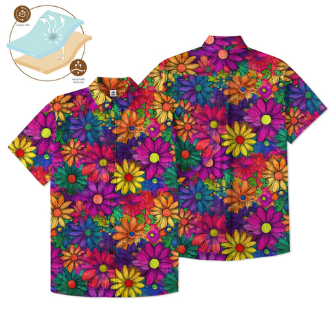 Hippie Flowers Seamless Patterns Hawaii Shirt, Groovy Floral Pattern Hawaiian Shirt