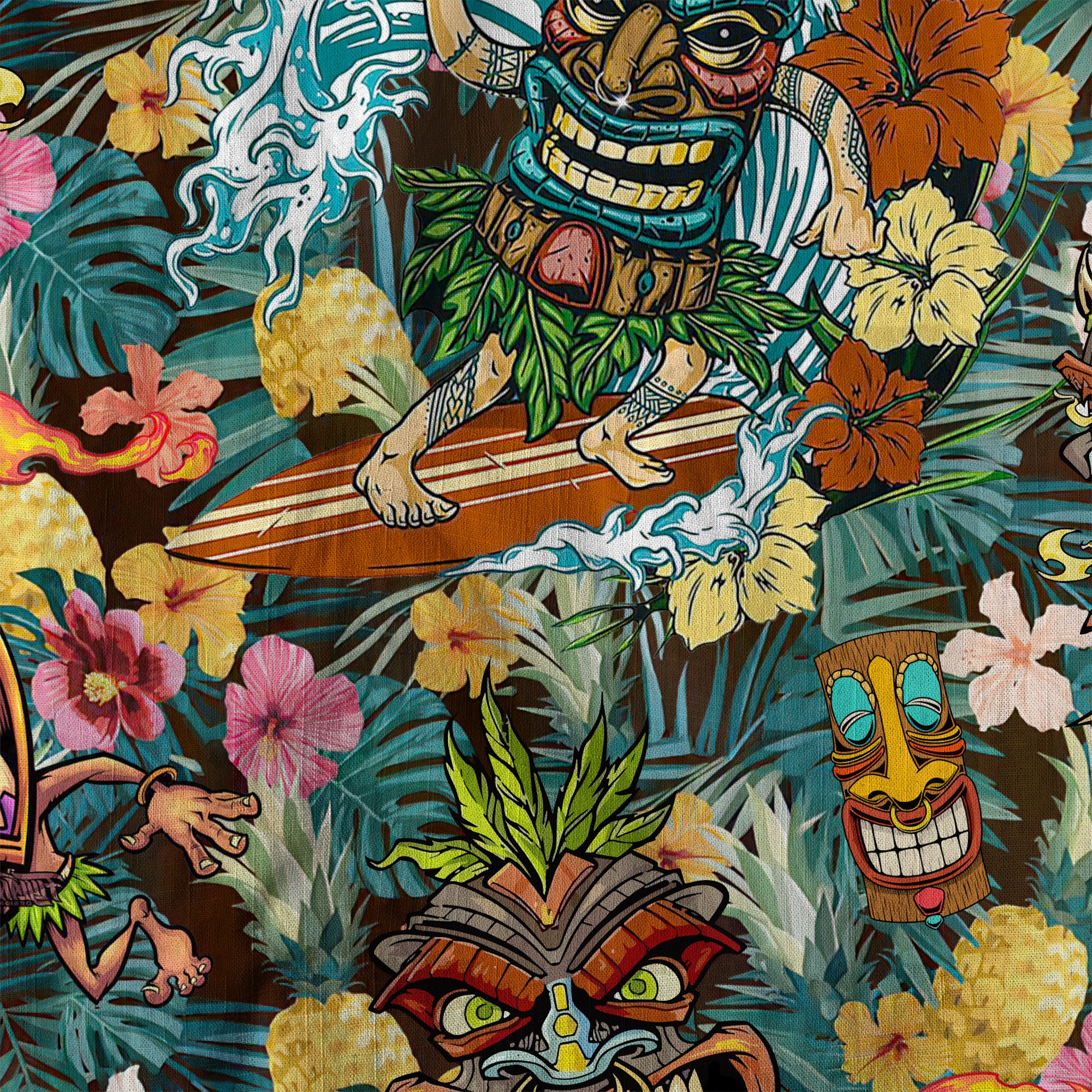 Tropical Tiki Mask Hawaiian Shirts, Polynesian Button Down Hawaiian Ocean Shirts