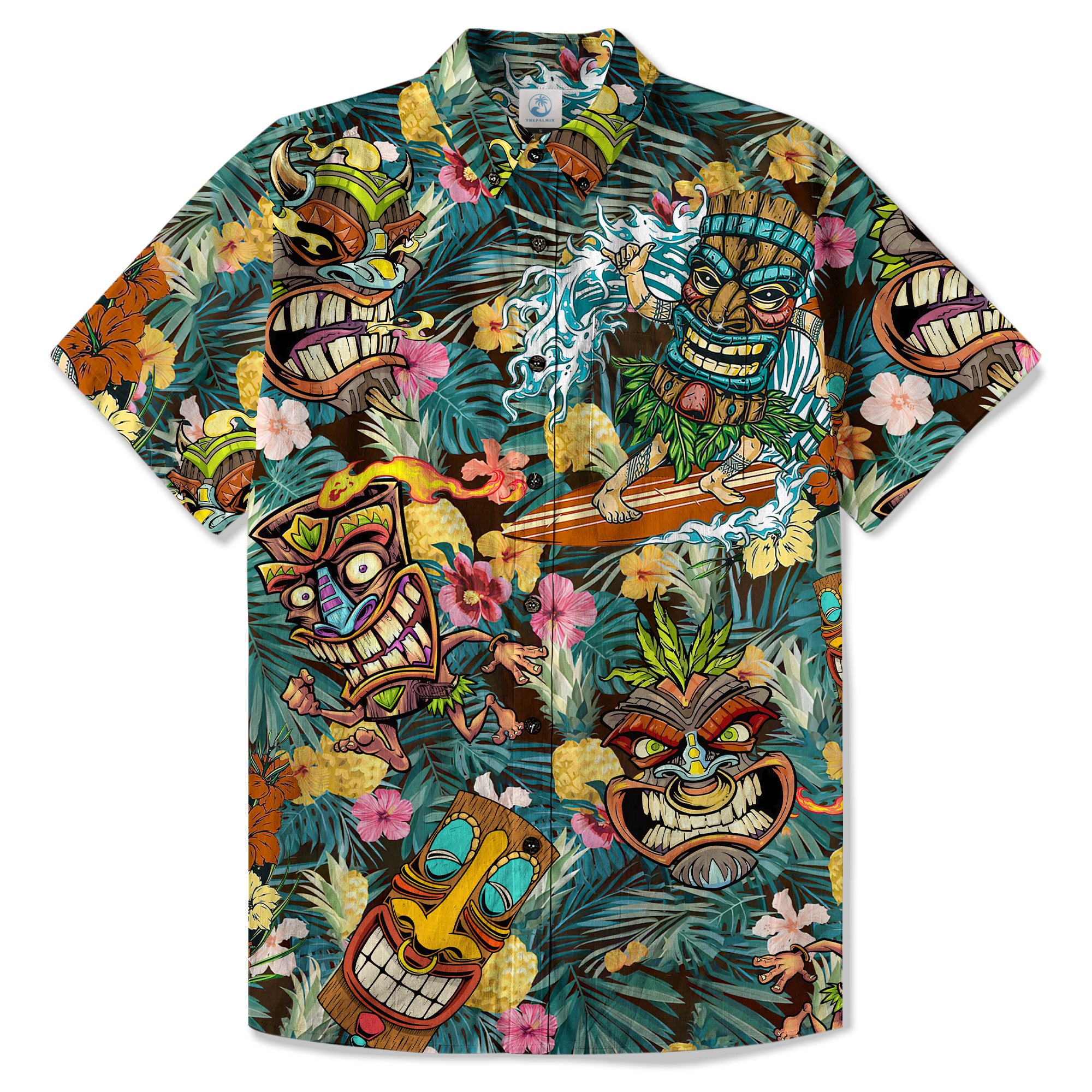 Tropical Tiki Mask Hawaiian Shirts, Polynesian Button Down Hawaiian Ocean Shirts