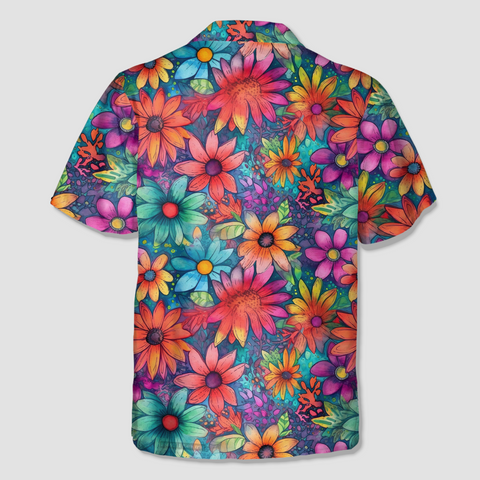 Colorful Hippie Flowers Patterns Hawaii Shirt, Groovy Floral Pattern Hawaiian Shirt for Men Women - The Palmix
