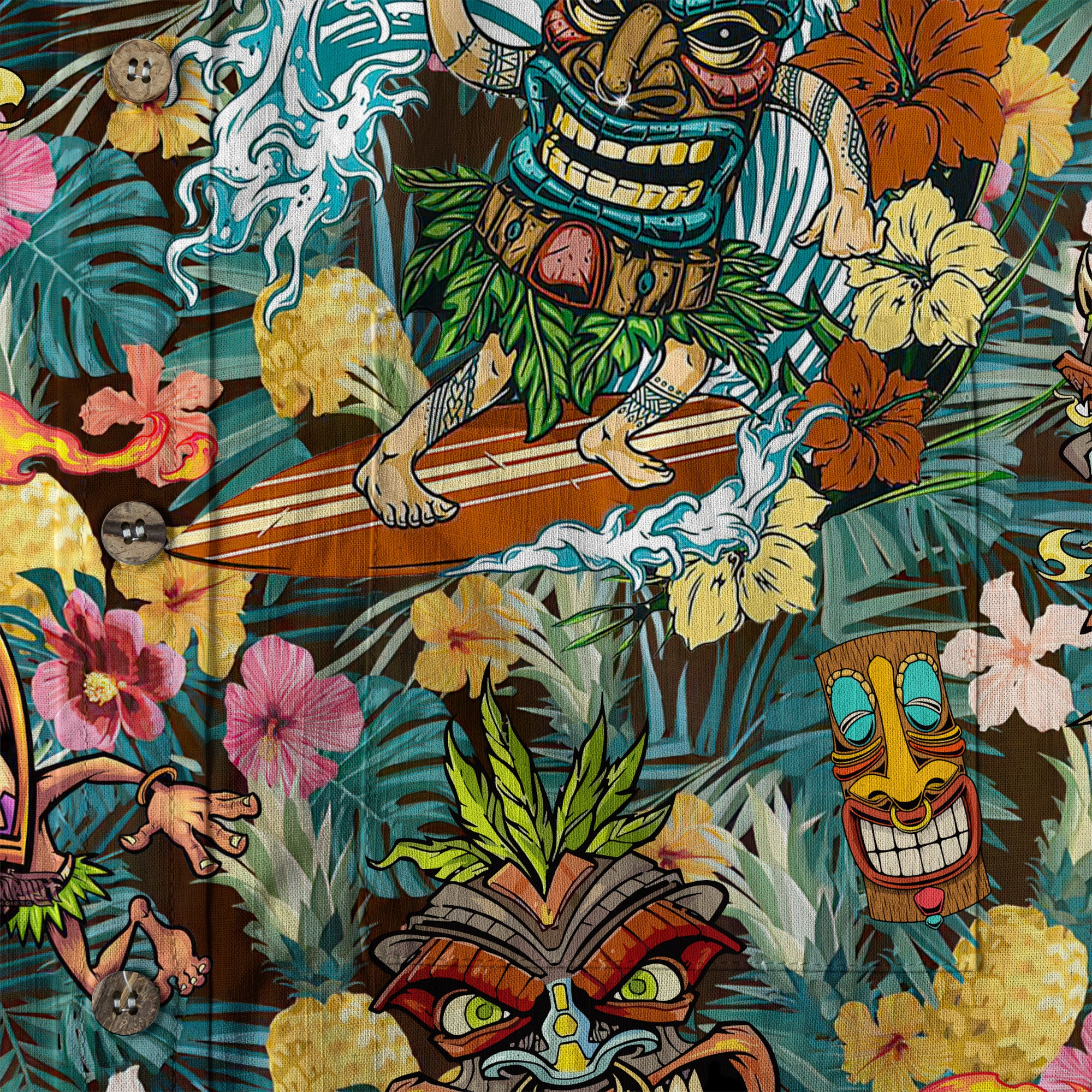 Tropical Tiki Mask Hawaiian Shirts, Polynesian Button Down Hawaiian Ocean Shirts