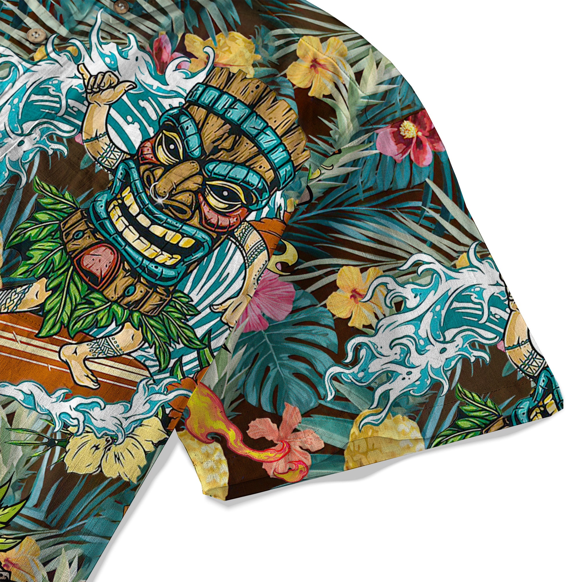 Tropical Tiki Mask Hawaiian Shirts, Polynesian Button Down Hawaiian Ocean Shirts