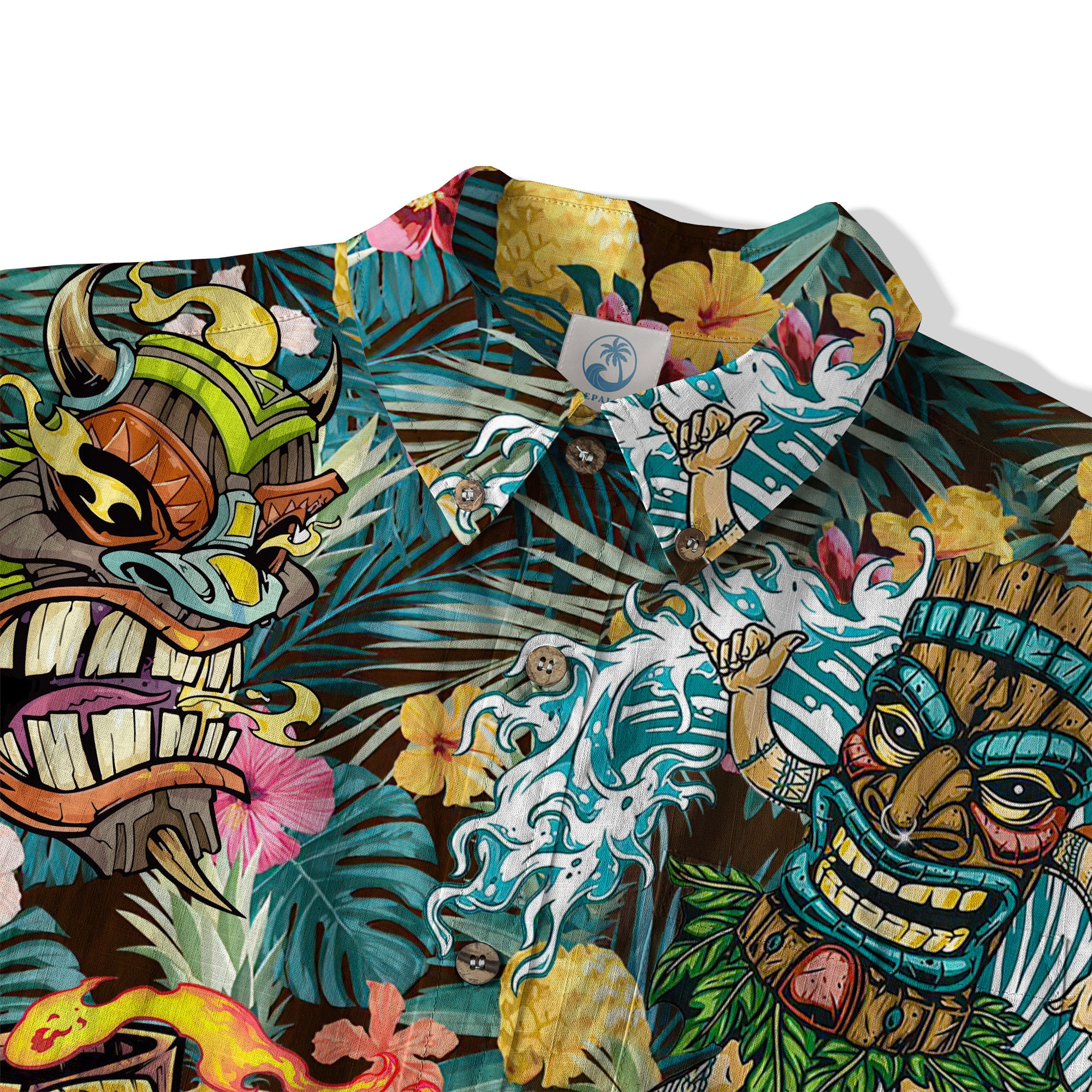 Tropical Tiki Mask Hawaiian Shirts, Polynesian Button Down Hawaiian Ocean Shirts