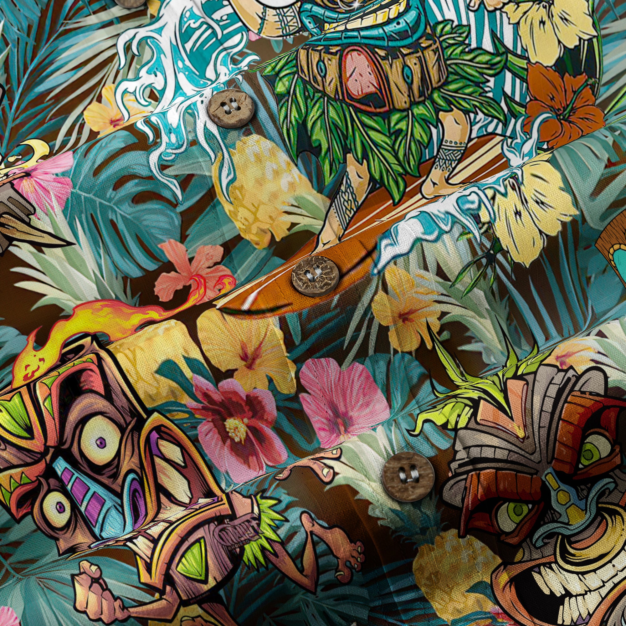 Tropical Tiki Mask Hawaiian Shirts, Polynesian Button Down Hawaiian Ocean Shirts