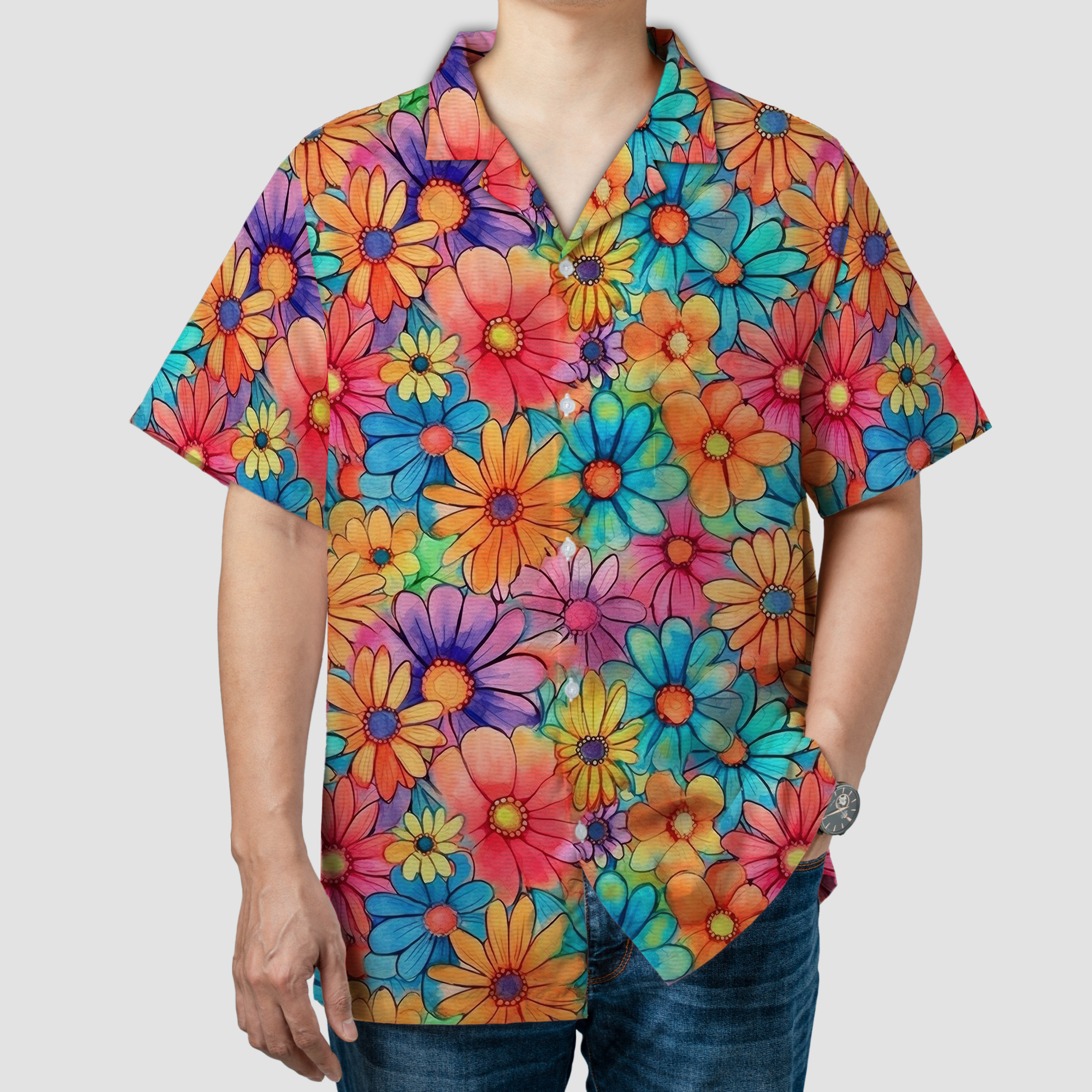 Colorful Hippie Flowers Patterns Hawaii Shirt, Groovy Floral Pattern Hawaiian Shirt for Men Women - The Palmix