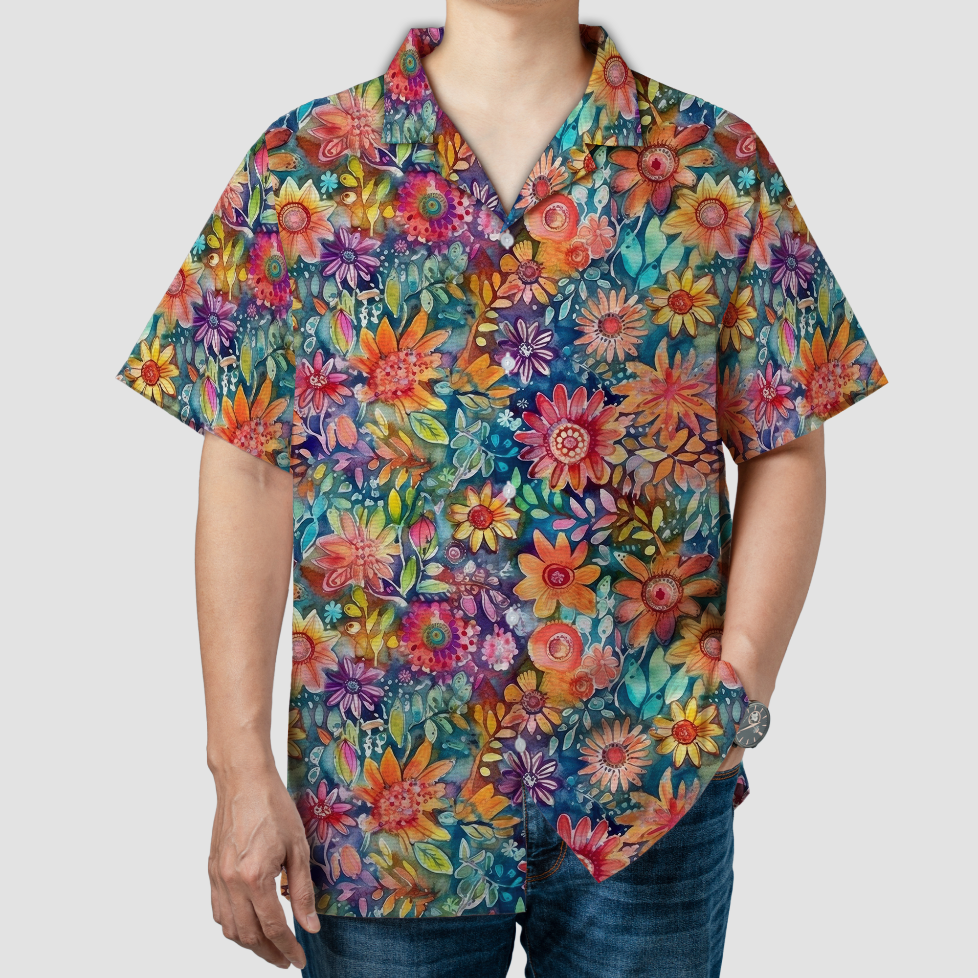 Colorful Hippie Flowers Patterns Hawaii Shirt, Groovy Floral Pattern Hawaiian Shirt for Men Women - The Palmix