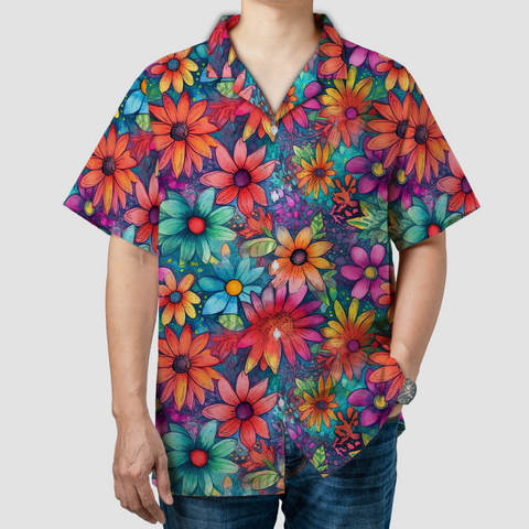 Colorful Hippie Flowers Patterns Hawaii Shirt, Groovy Floral Pattern Hawaiian Shirt for Men Women - The Palmix