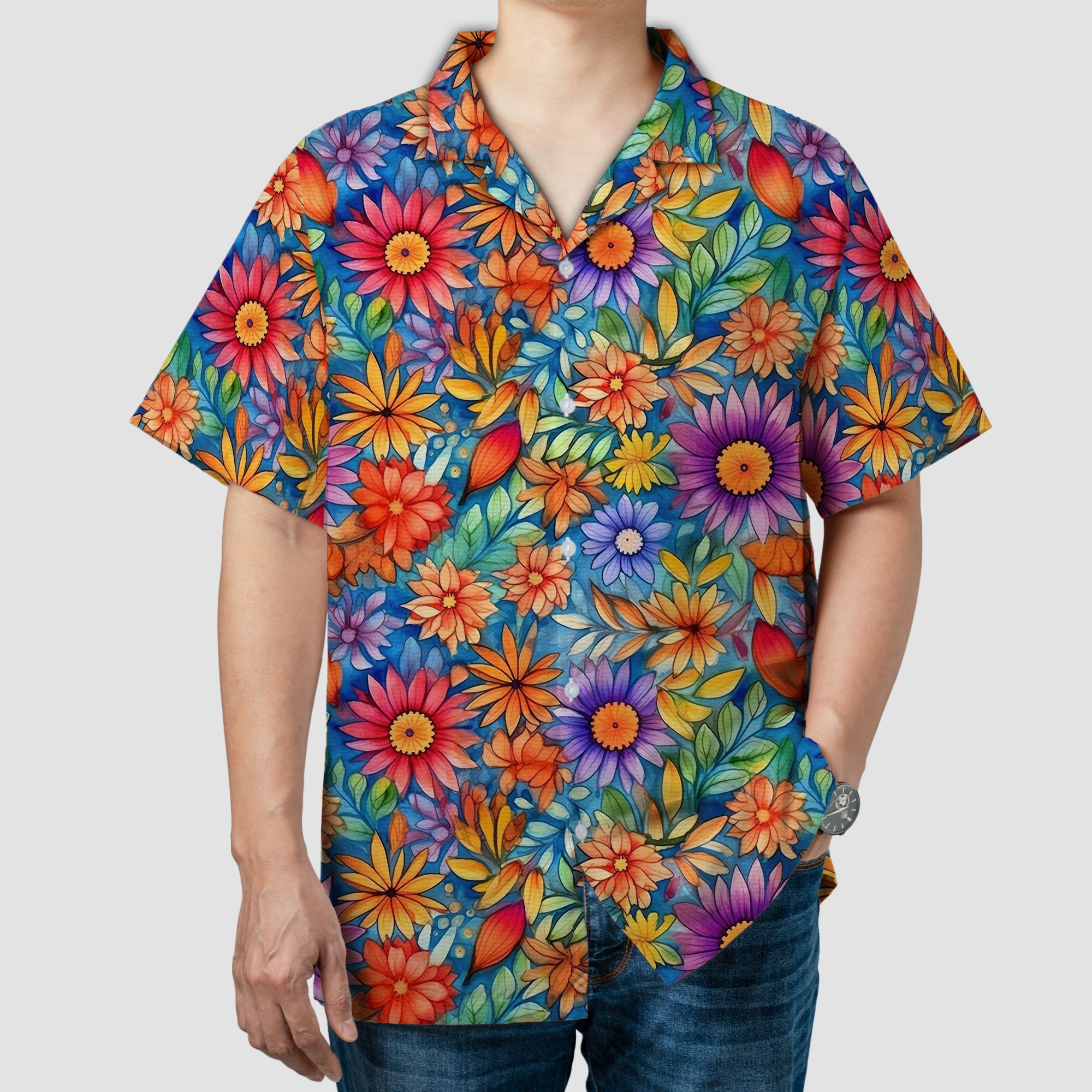 Colorful Hippie Flowers Patterns Hawaii Shirt, Groovy Floral Pattern Hawaiian Shirt for Men Women - The Palmix