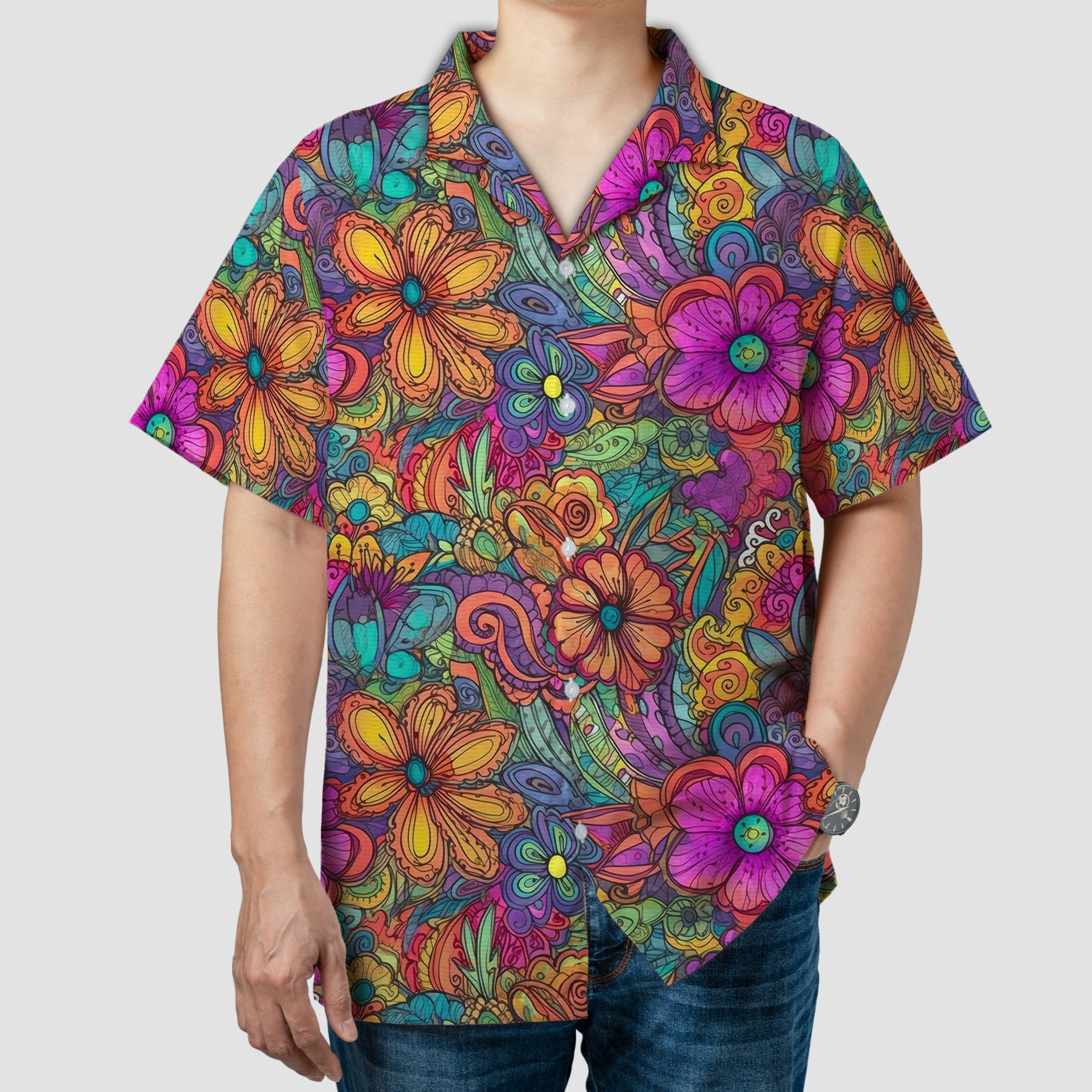 Colorful Hippie Flowers Patterns Hawaii Shirt, Groovy Floral Pattern Hawaiian Shirt for Men Women - The Palmix