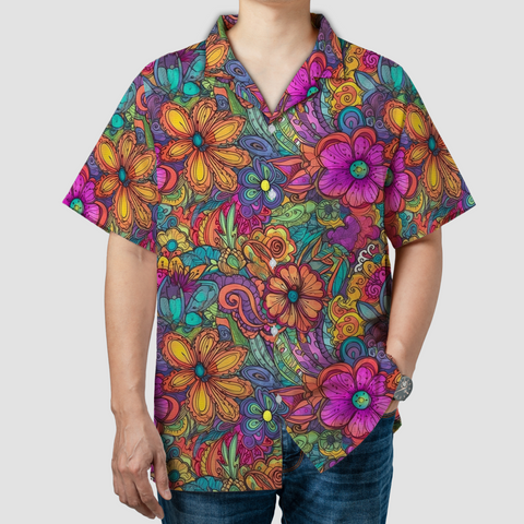 Colorful Hippie Flowers Patterns Hawaii Shirt, Groovy Floral Pattern Hawaiian Shirt for Men Women - The Palmix