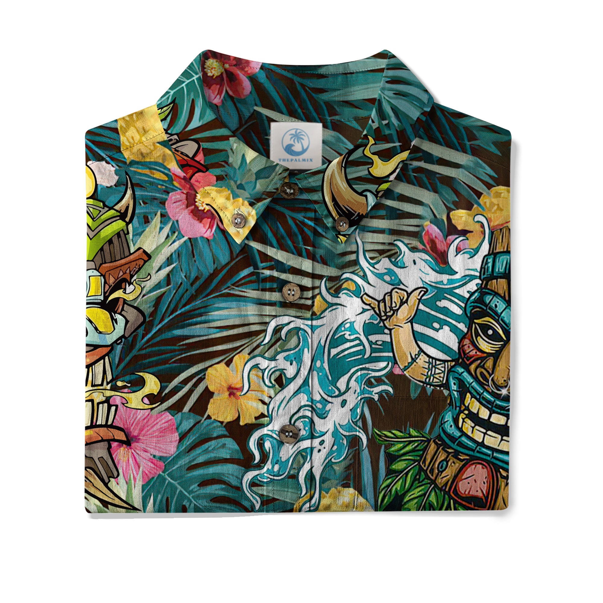 Tropical Tiki Mask Hawaiian Shirts, Polynesian Button Down Hawaiian Ocean Shirts