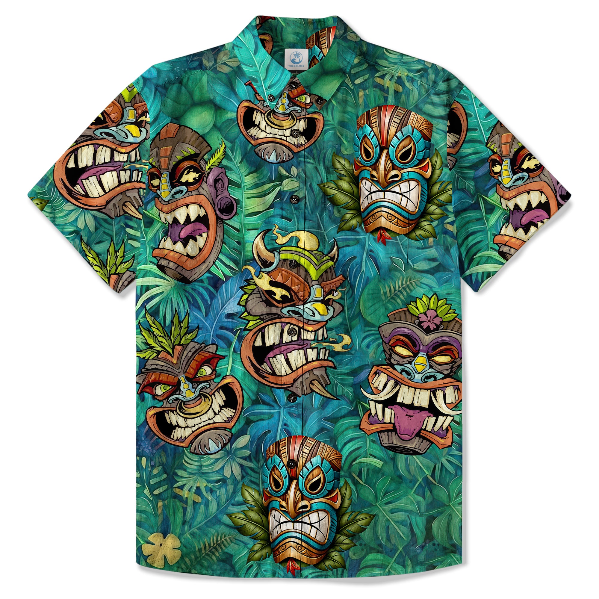 Tropical Tiki Mask Hawaiian Shirts, Polynesian Button Down Hawaiian Ocean Shirts