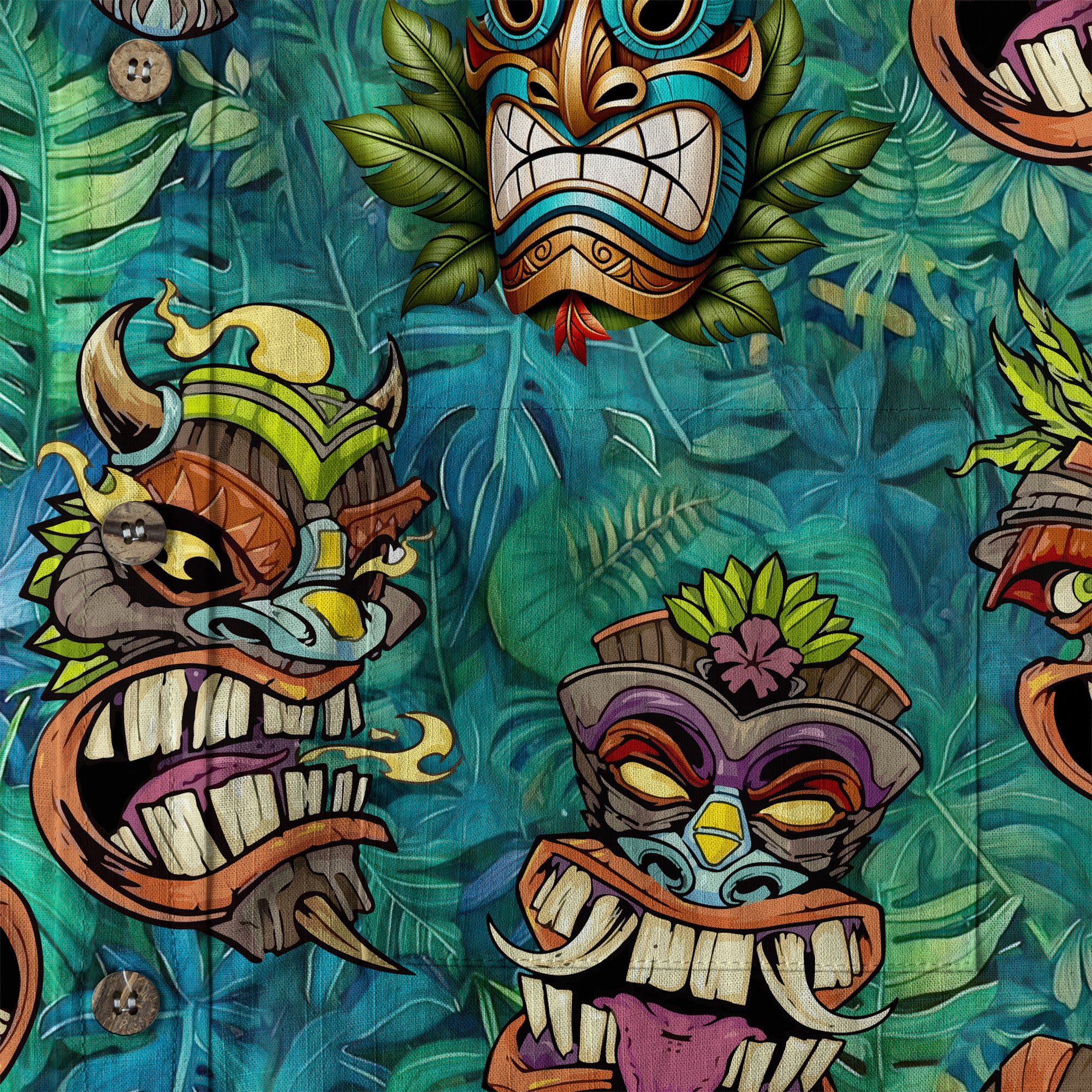 Tropical Tiki Mask Hawaiian Shirts, Polynesian Button Down Hawaiian Ocean Shirts