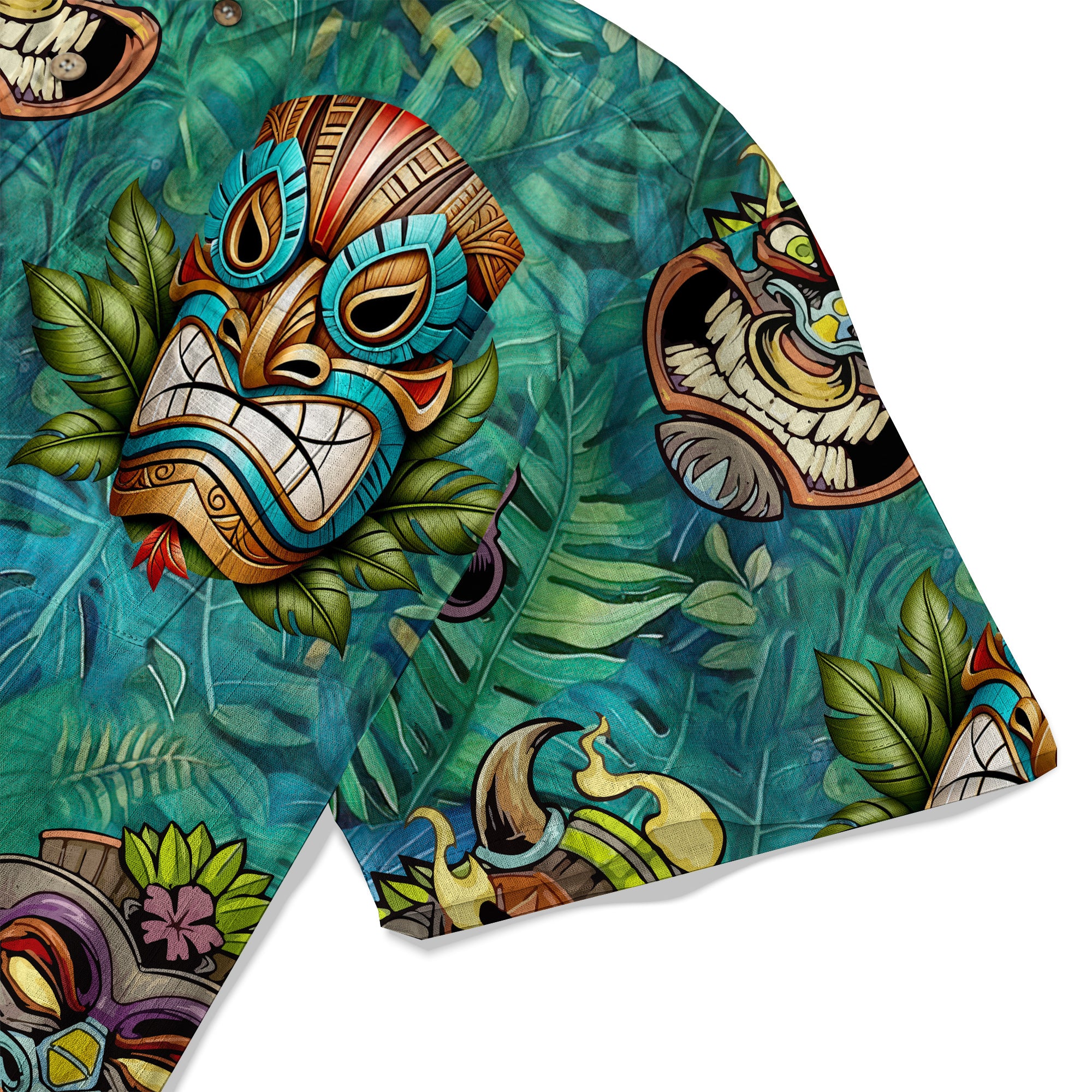 Tropical Tiki Mask Hawaiian Shirts, Polynesian Button Down Hawaiian Ocean Shirts