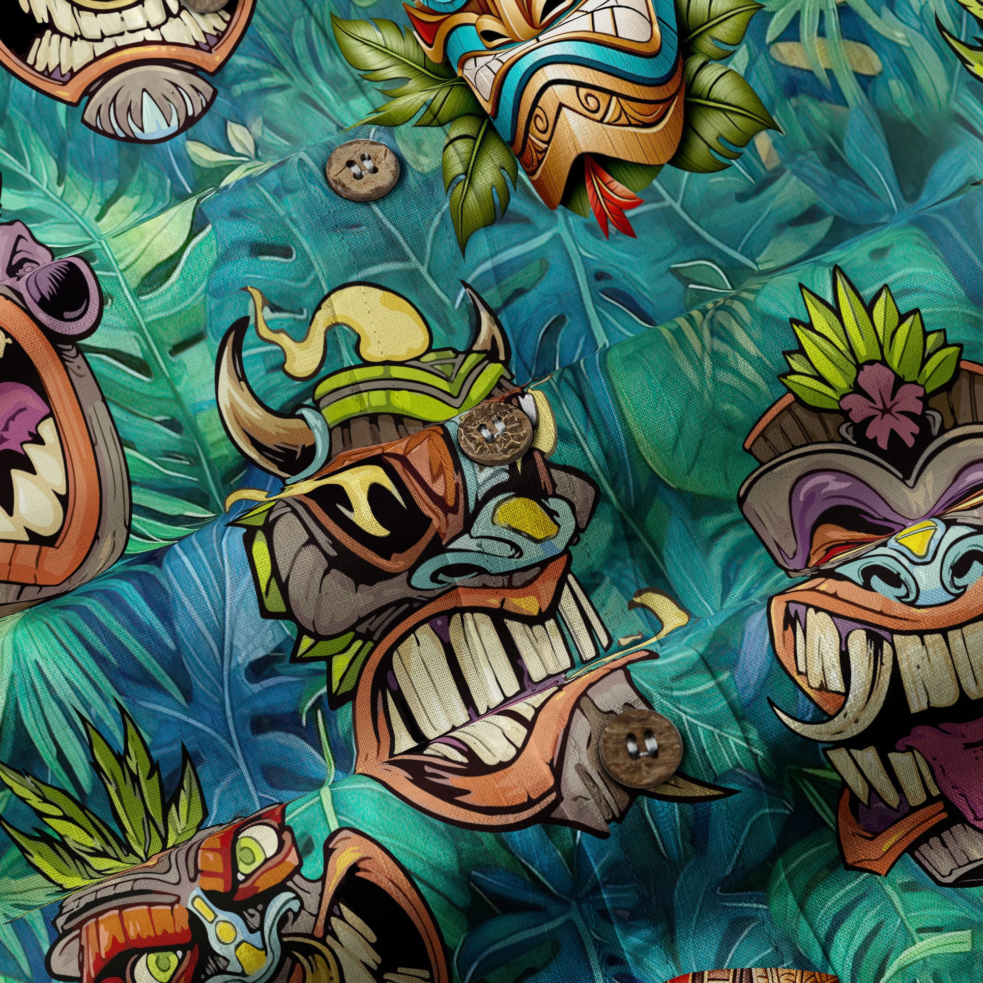 Tropical Tiki Mask Hawaiian Shirts, Polynesian Button Down Hawaiian Ocean Shirts