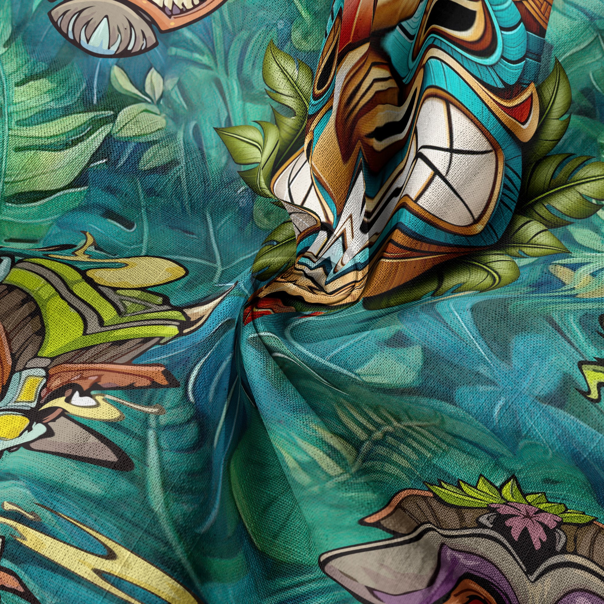 Tropical Tiki Mask Hawaiian Shirts, Polynesian Button Down Hawaiian Ocean Shirts