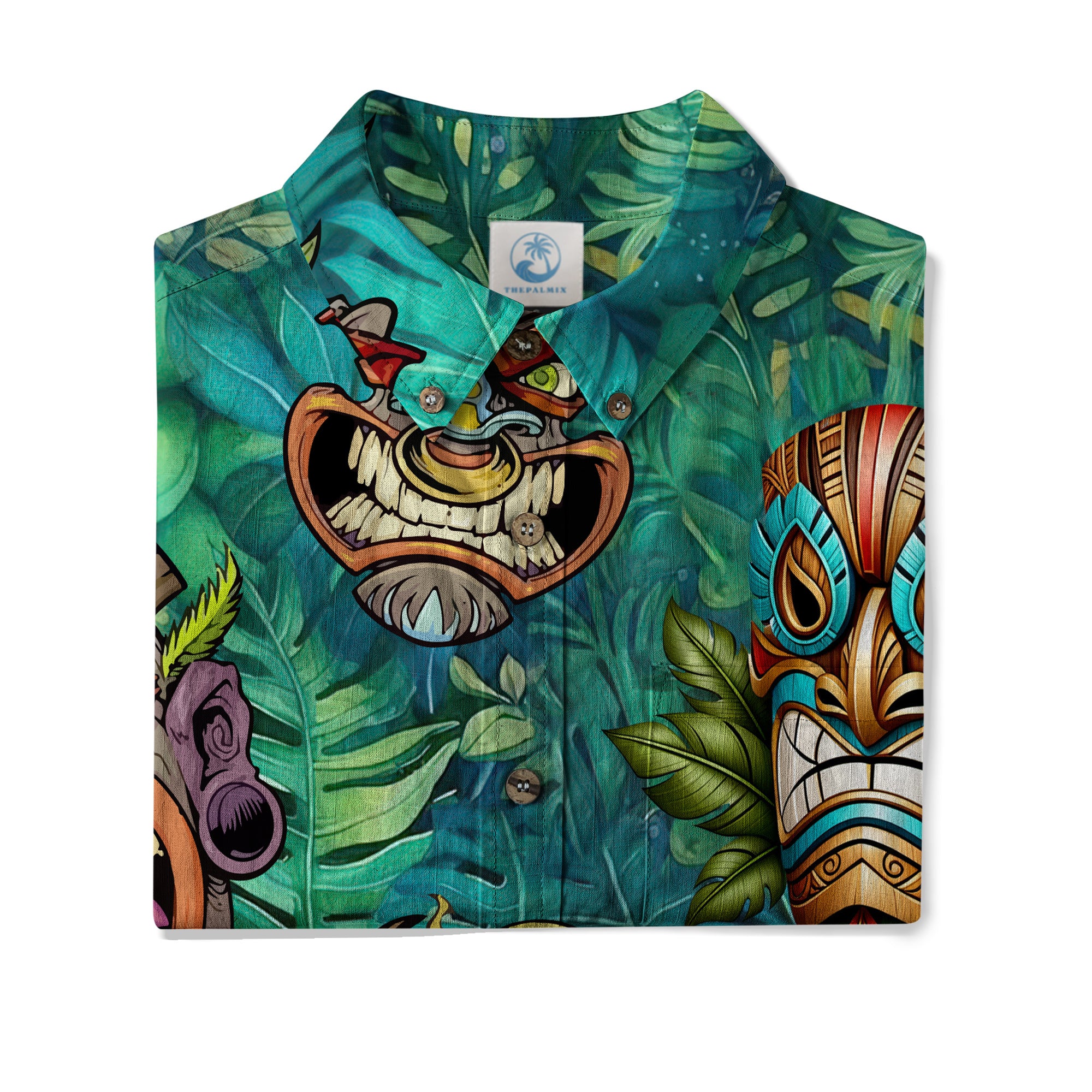 Tropical Tiki Mask Hawaiian Shirts, Polynesian Button Down Hawaiian Ocean Shirts